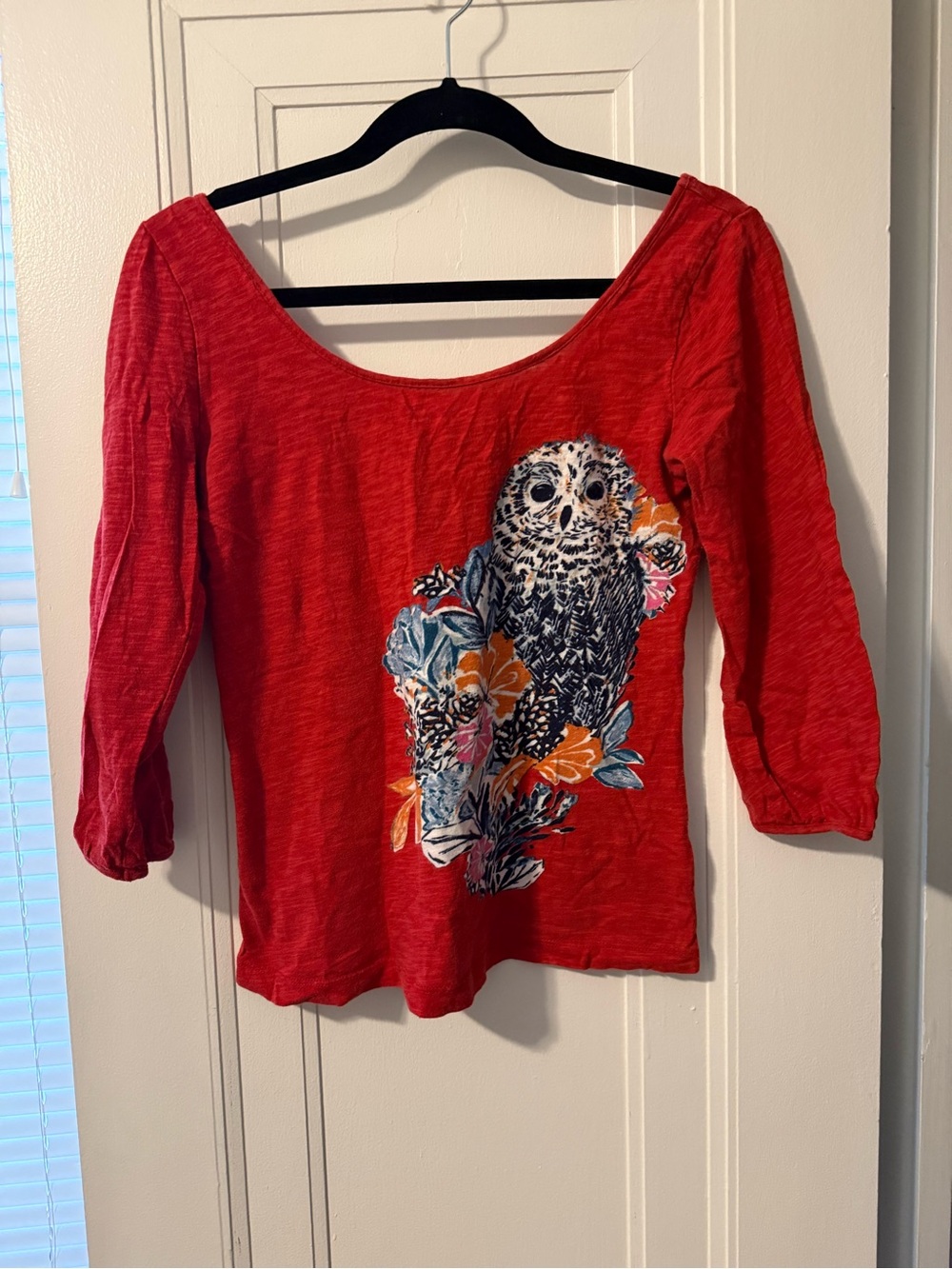 TCL Red Scoop Neck Top with Owl & Floral Graphic